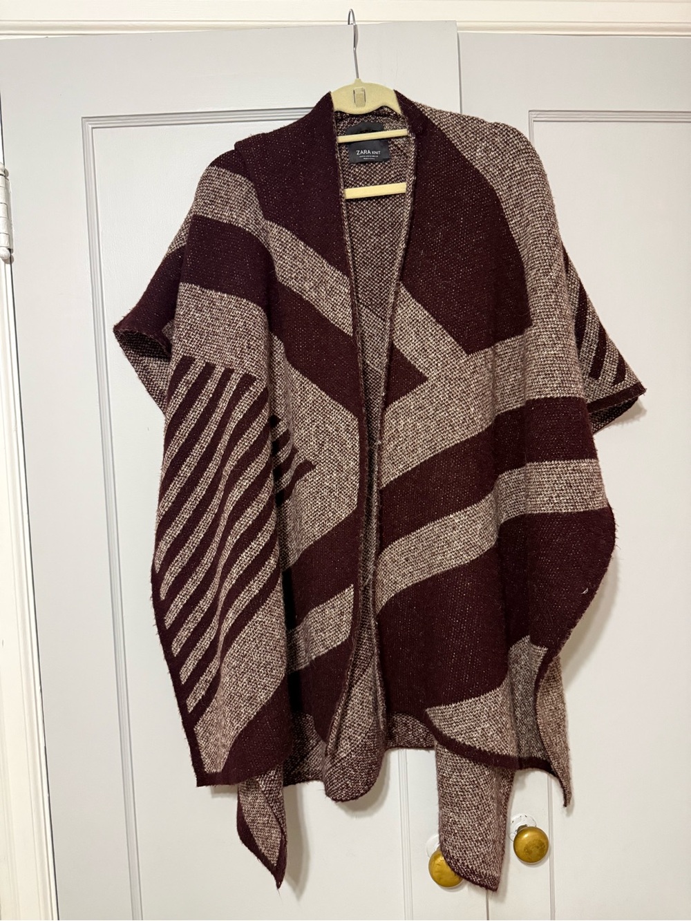 Zara Burgundy and Taupe Striped Open Poncho Cardigan